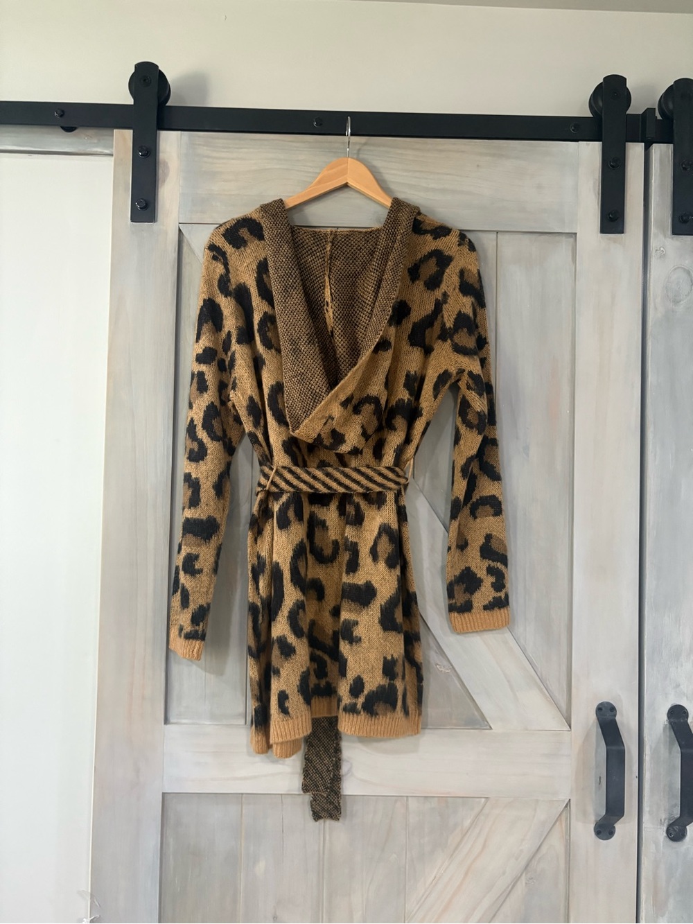 Leopard Print Hooded, Wrap-Belted Cardigan- Camel/Brown & Black